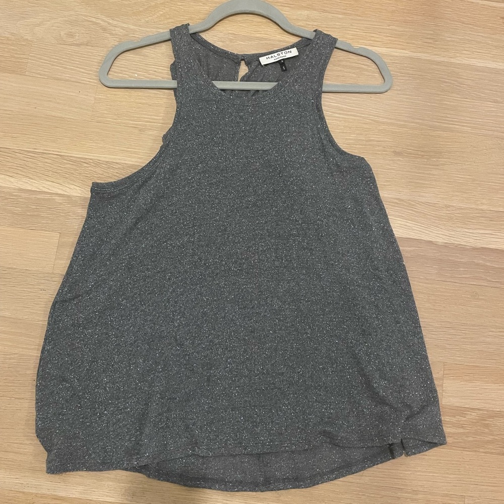 Halston Heritage sheer, silver metallic sleeveless shirt. Size Small.